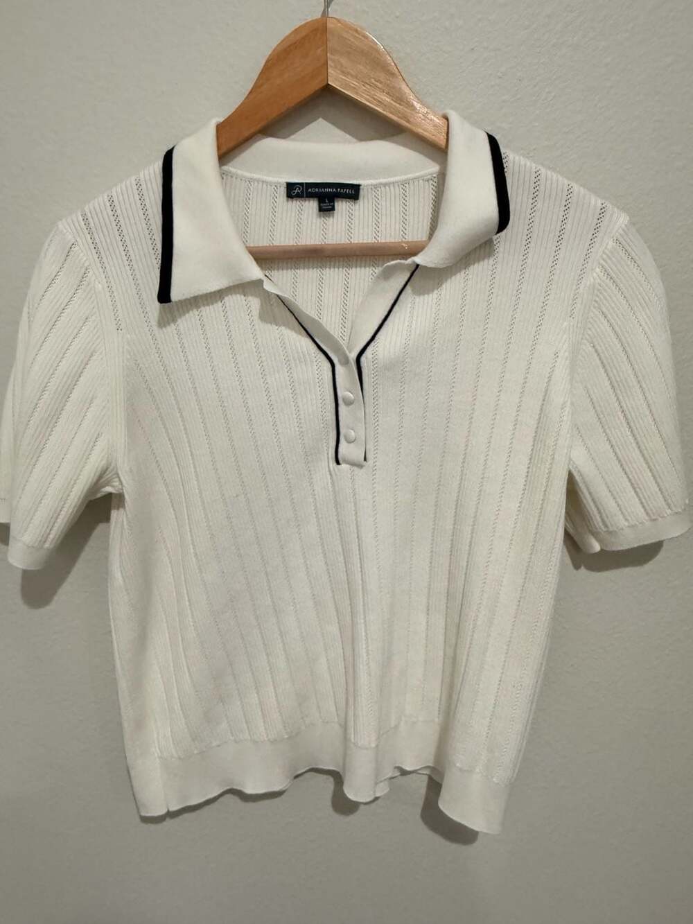 Adrianna Papell White Knit Short Sleeve Tipped Polo Sweater